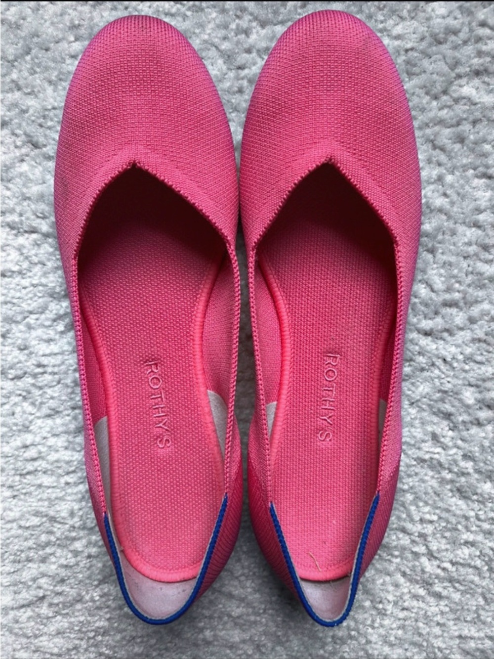 Rothy's Bright Pink Slip-On Flats with Blue Trim